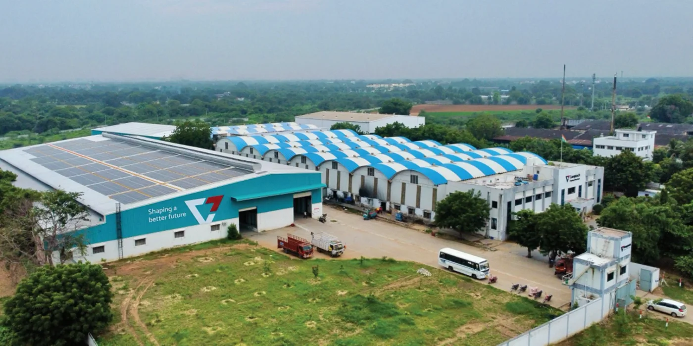 Aerial view of the Comptech Motocorp manufacturing campus outside Ahmedabad