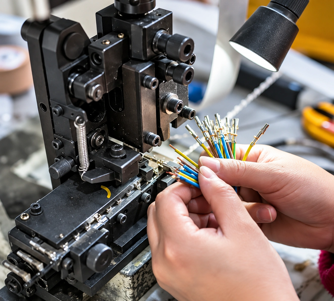 A technician crimping a wiring harness connector at the Comptech plant