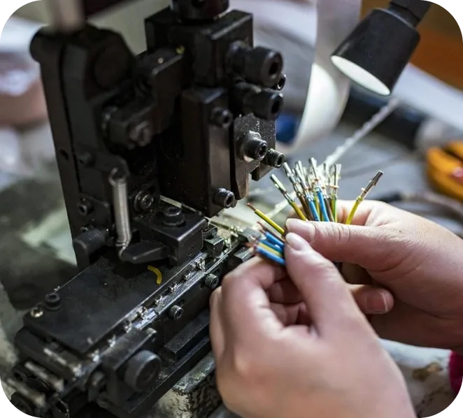 A technician crimping a wiring harness connector