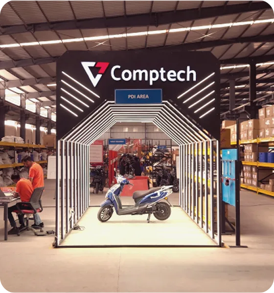 The pre-delivery inspection tunnel at the Comptech Motocorp plant