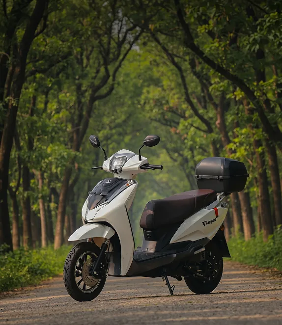 A Comptech electric scooter fitted with a rear cargo top box
