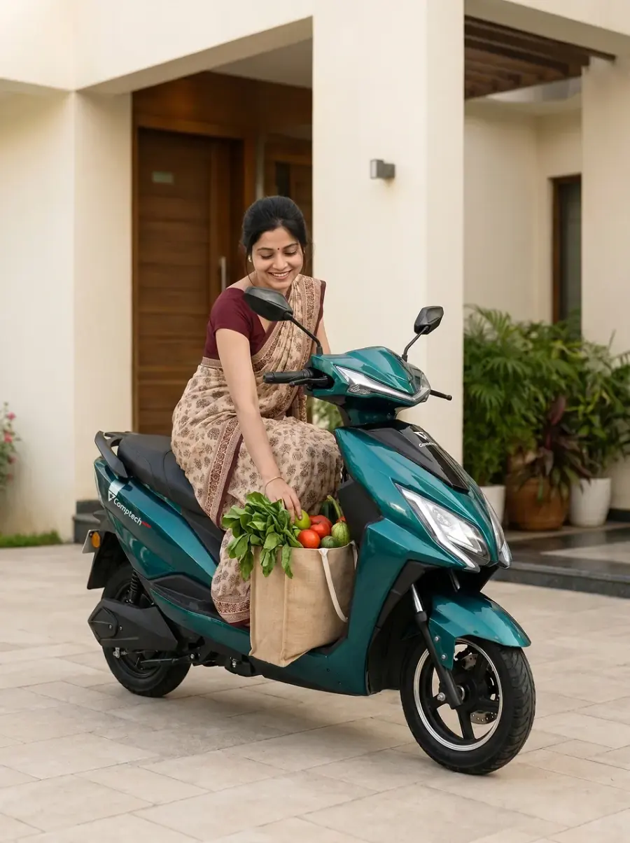 A rider carrying groceries on the Comptech Mars