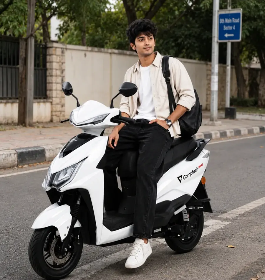 A young rider beside the Comptech Mars on a city street