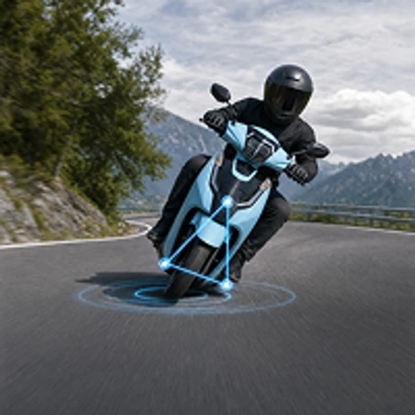 A rider leaning a Comptech VX1 through a mountain corner, with its low centre of gravity shown as concentric rings beneath the vehicle