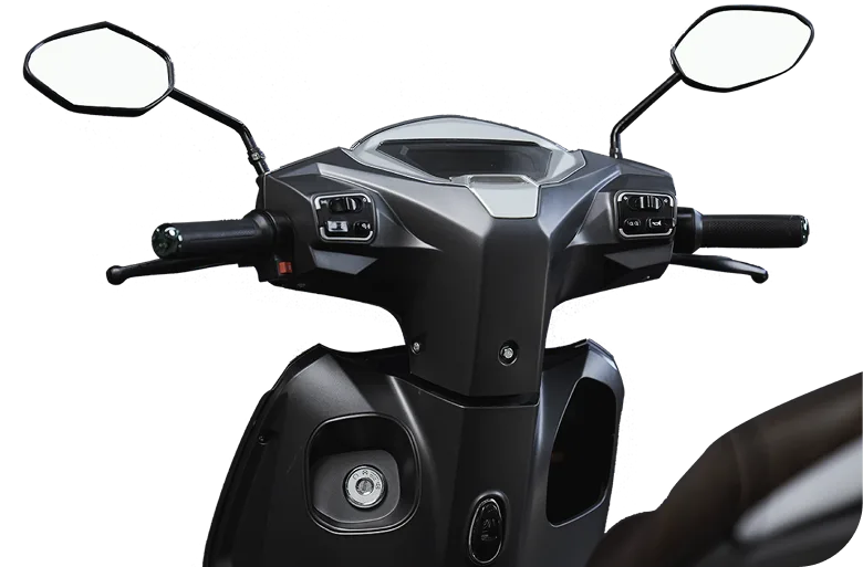 Close-up of the Comptech VX1 handlebar and instrument cluster where reverse mode is engaged