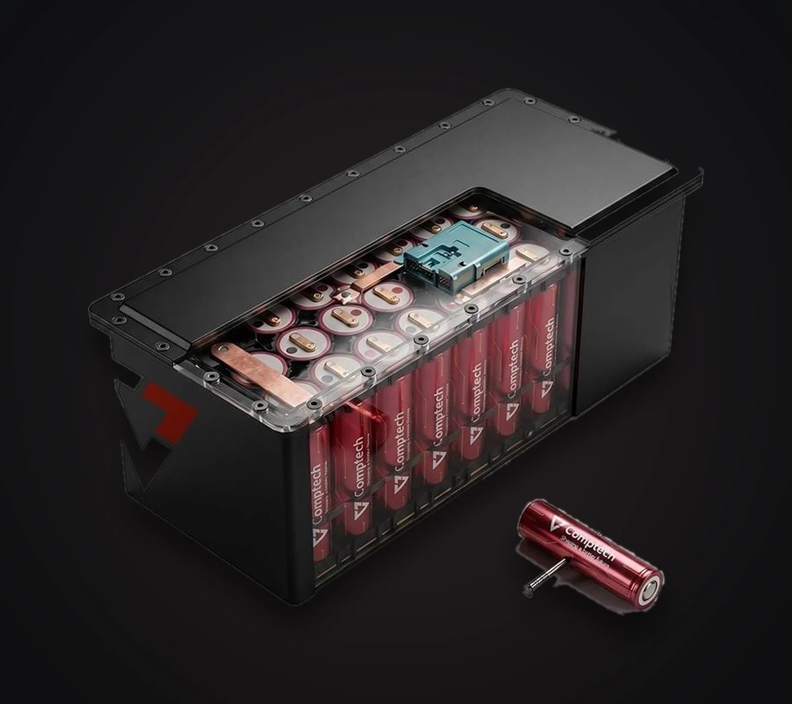 Comptech VX1 in-house LFP battery pack, cut away to show the cells, busbars and a nail-penetration-tested cell
